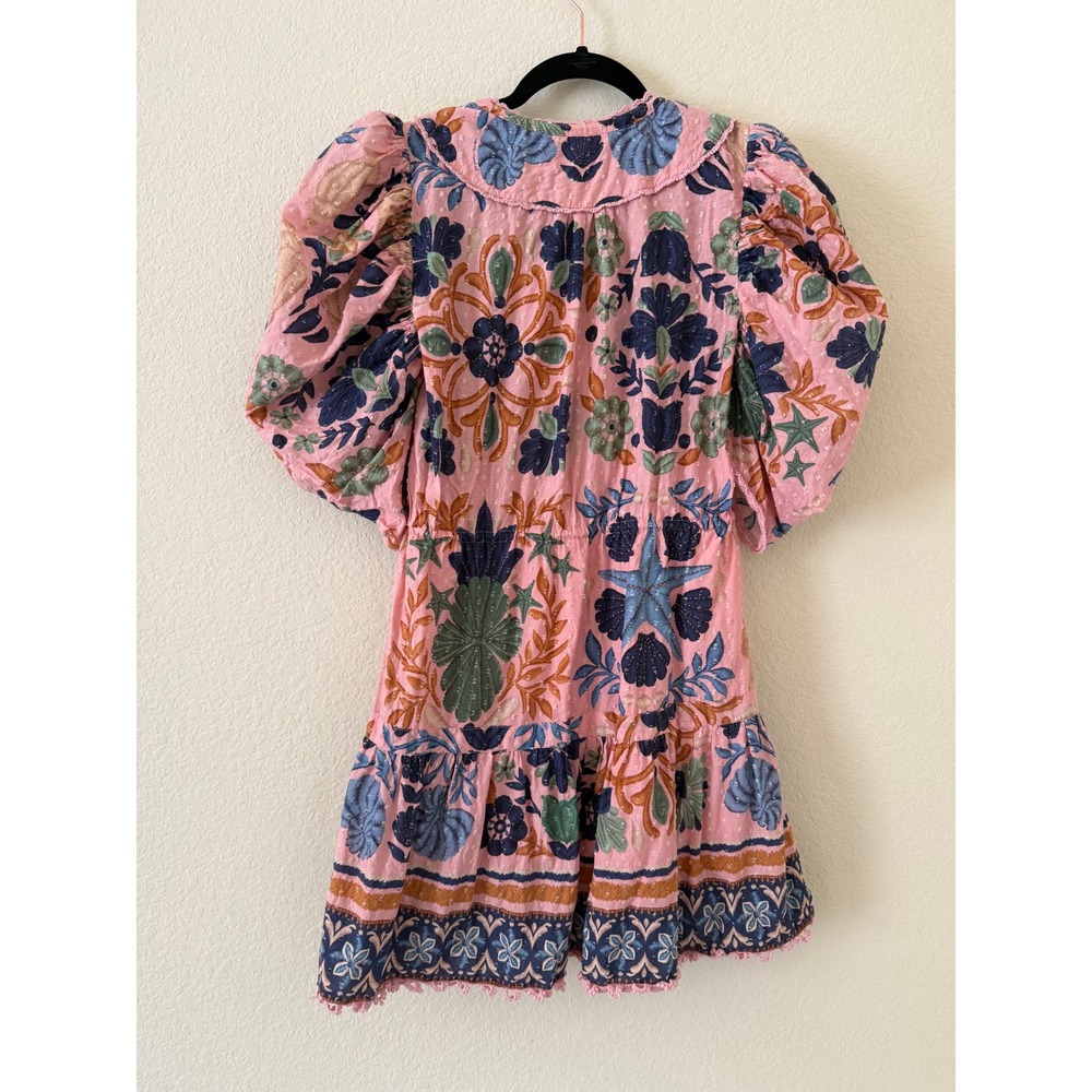 Farm Rio Seashell Tapestry Cotton Mini Dress Pink Floral Puff Sleeve Boho Small - Picture 3 of 8